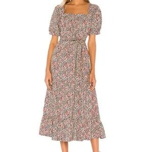 Free People Ditsy Floral Midi Dress XS Cotton Prairie Belt Puff Sleeve Red Cream